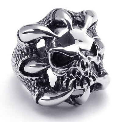 

Hpolw Stainless Steel Band Gothic Skull Claw Biker Mens Ring, Color Black Silver