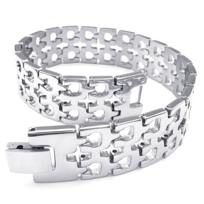 

Hpolw Mens silver Stainless Steel hollow Bolt buttoned Bracelets Carved with sacred music Fu Wen Bracelets
