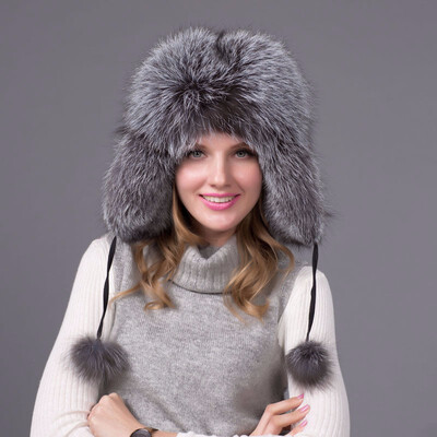 

FURART hot warm autumn&winter female Fox fur bomber hat snow cap fur womens hat ladies leather ear caps
