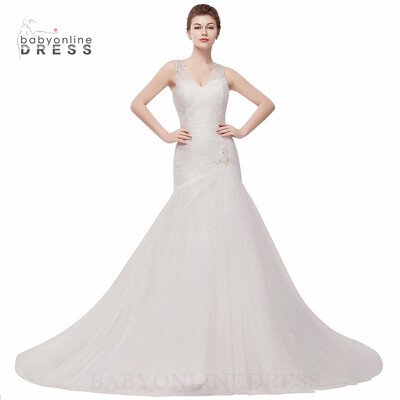 

Babyonlinedress Romantic Mermaid Tulle Wedding Dresses Sheer Straps Crystal Wedding Gowns 2 Colors Available Bridal Dress BallGown