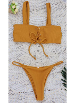 

2018 Women Lace-up Bikini Set Low Waist Solid Color Brief Cut