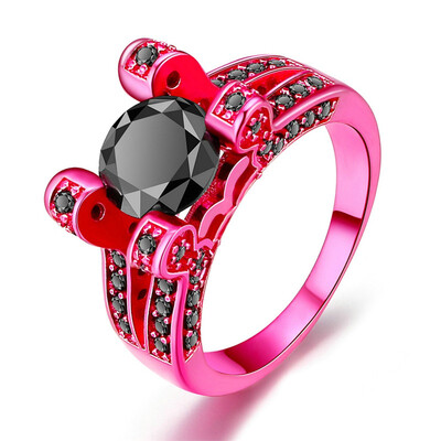 

8mm Round-cut Black Crytal Cocktail Party Pink Gold Color Fashion Jewelry Ring For Women Wholesale Top Quality DD043