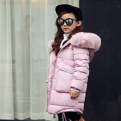 

2018 New Blue Children Winter Jacket Girl Winter Coat Kids Warm Thick Fur Collar Hooded long down Coats For Teenage 6 8 10 12 14