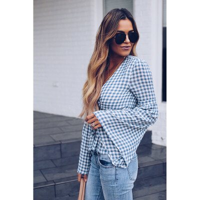 

Try Everything Bandage Long Sleeve Blouse Women Summer 2018 Ruffle Plaid Shirt Women V-Neck Sexy Shirt Womens Blouses And Tops