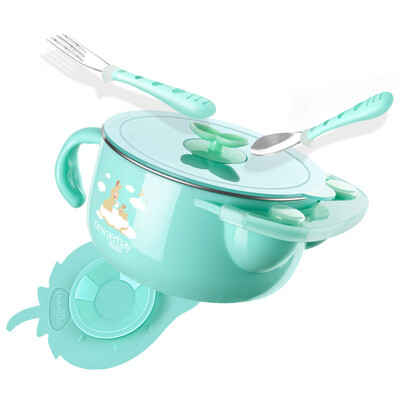 

New Zealand childrens tableware newborn baby stainless steel water insulation bowl baby food bowl spoon green 3 sets