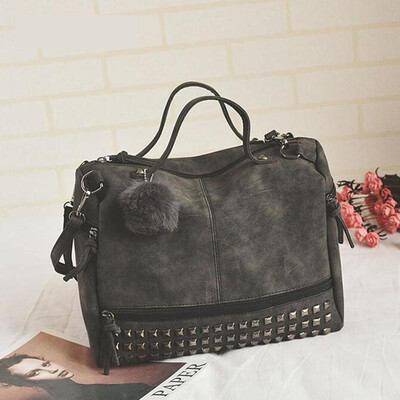 

Vintage Nubuck Leather Female Top-handle Bags Rivet Larger Women Bags Hair Ball Shoulder Bag Motorcycle Messenger Bag LB447