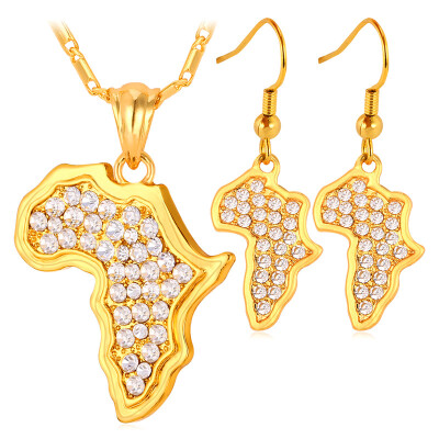 

Africa Map Pendant Necklace Earrings Jewelry Wholesale New Trendy 18K Real Gold Plated Rhinestone African Jewelry Sets