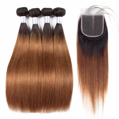 

HCDIVA Pre -colored Hair Weave 4 Bundles With Closure 4x4 1B30 Dark Roots Ombre Brazilian Straight Human Hair Bundles Virgin