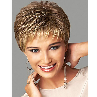 

QianBaiHui Short Straight Fluffy Mix Blonde Hair Wigs for White Women Bob Wig with Flat Bangs