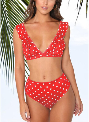 

2018 Dot Print Ruffled Push Up Bra High Waist Bottoms Bikini Set