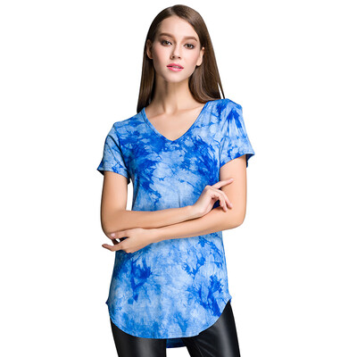 

POPBASIC Ladies Plain Short Sleeve V-Neck Round Hem Cotton Spandex Multiple Colors Tied Dyed T-shirt
