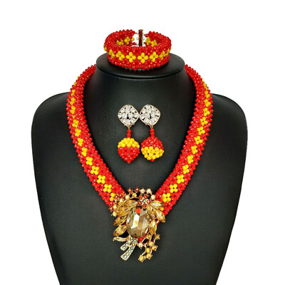 

Handmade Nigerian Jewelry Set Dubai Green Red Crystal Beads Statement Necklace African Wedding Beads Jewelry Set For Bridal