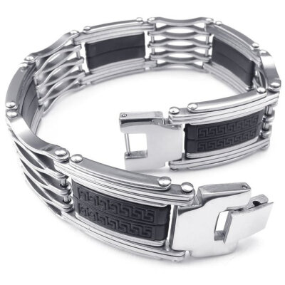 

Hpolw Mens Rubber Stainless Steel Bracelet Wide Link Silver Black