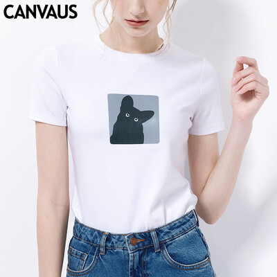 

Canvaus Summer New Sweet Women Kitten Printed Wild Slim Round Collar Fashion Short-sleeved Cotton T Shirt