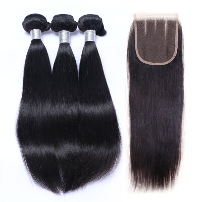 

8A Indian Virgin Hair Straight With Closure 3 Bundles Unprocessed Indian Human Hair Weave And Lace Closure 4 Pcs Lot Natural Black