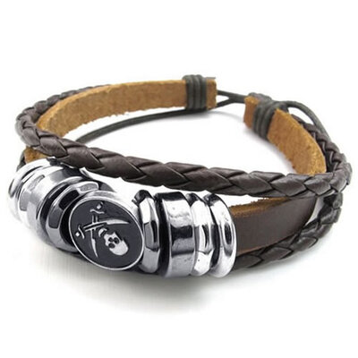 

Hpolw Mens Womens Leather Bracelet, Pirate Skull Charm Bangle, Fit 7-9 inch, Brown