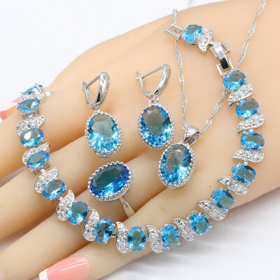 

925 Silver Logo Jewelry Sets For Women Bridal Sky Light Blue Topaz Bracelet Earrings Necklace Pendant Rings