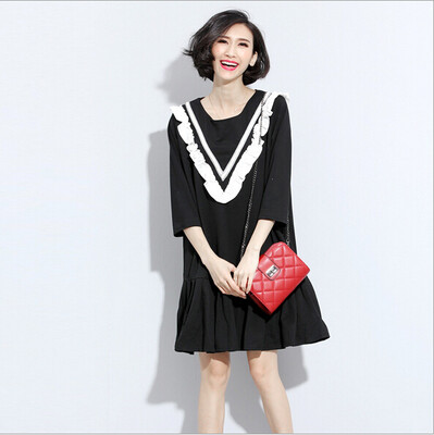 

Lovaru ™Autumn new Europe and stitching lace long-sleeved dress flounced long section of large size women's t skirt