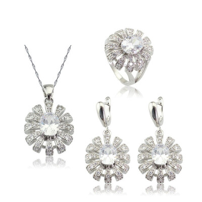 

Trendy White Stone Silver Plated Jewelry Sets for Women Choker Pendant Drop Earrings Ring Six Colors Available Free Jewelry Box