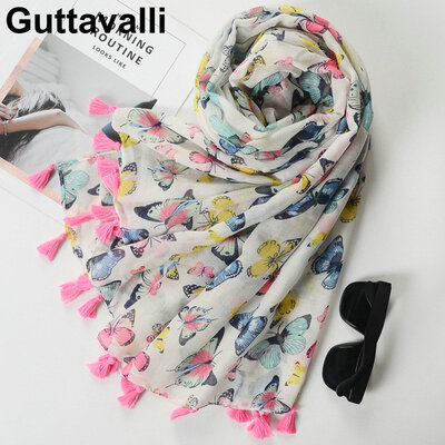 

Guttavalli Women Europe Butterfly Long Shawl Female Chevron Sunscreen Wraps Scarf Soft Stripes Flowers Cotton Skinny Scarves