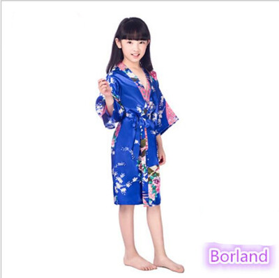 

Child Peacock Cardigan Children dressing gown Summer thin embroidered silk Homewear Japanese style cardigan gown Girls print Peac