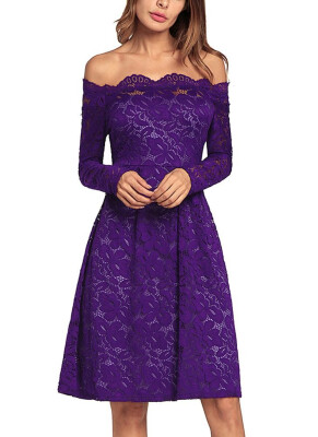 

Vintage Lace Off the Shoulder Long Sleeve A Line Pleated Dress 2018 Hot