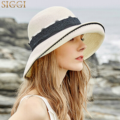 

Siggi SI99324 Siggi hat female summer small fresh holiday straw hat wild big bang beach visor seaside travel sun hat ivory white 57CM