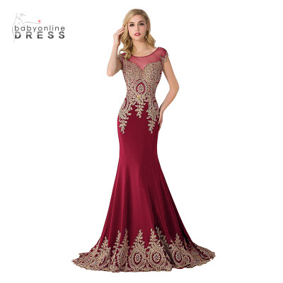

Lace Applique Mermaid Prom Dresses Capped Sleeves Sheer Long Evening Dresses