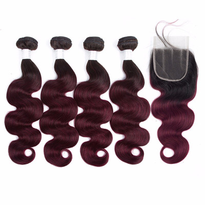 

HCDIVA Bundles With Closure Smoora Professional Colored 1B99J Wine Red Brazilian Body Human Hair 4 Bundles With Closure Virgin