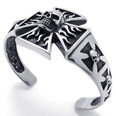 

Hpolw black&silver Stainless Steel Skull/skeleton head Cross Biker Tribal Mens deft design Bangle/ Bracelets