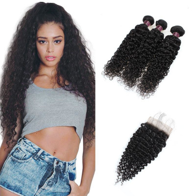 

7A Quality Kinky Curly Hair With Baby Hair With Closure 3 Bundles Brazilian Kinky Curly Virgin Hair With Closure 100 Human Hair