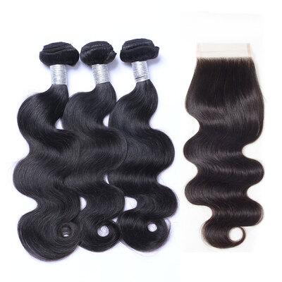 

8A Brazilian Virgin Hair Body Wave With Closure 3 Bundles Brazilian Remy Human Hair Weave And Lace Closure 4Pcs Lot Natural Black