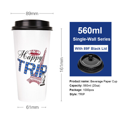 

OTOR 465ml560ml Paper Cup Disposable Tableware For Summer Icy Beverages Cold&Hot Tea Milk Coffee Happy Trip 1000pcs