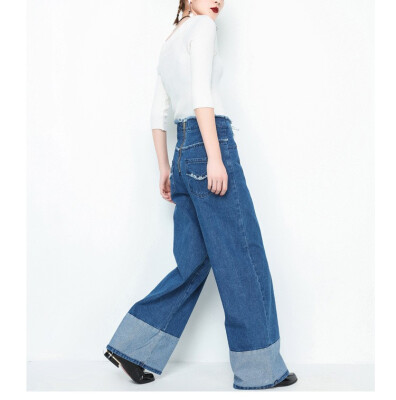 

2018 New Fashion High Waist Zipper Trousers Stitching Loose Straight Jeans Female