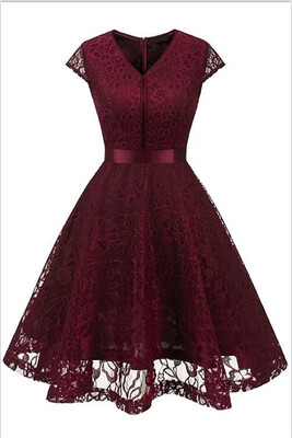 

Womens Vintage Short Sleeve A-Line Cocktail Party Swing Dress with Floral Lace