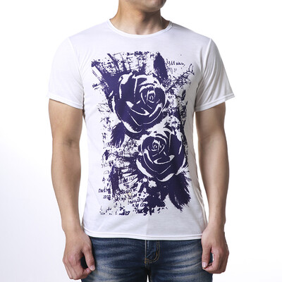 

Mens O-neck Tops Flower Print Purple Pullover T-Shirts
