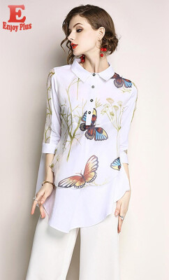 

S M L XL XXL elegant new summer 2018 women blouse shirt half sleeve white butterfly print loose casual office lady top