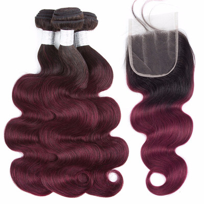 

HCDIVA 1b 99J Brazilian Hair Weave Bundles Body Wave Human Hair 3 Bundles with Closure Free Middle Three Part Smoora Hair Virgin