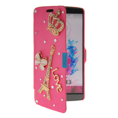 

MOONCASE Bling Rhinestone Crystal Ultre Slim Leather Side Flip Wallet Shell Back ЧЕХОЛ ДЛЯ LG G3 Hot pink