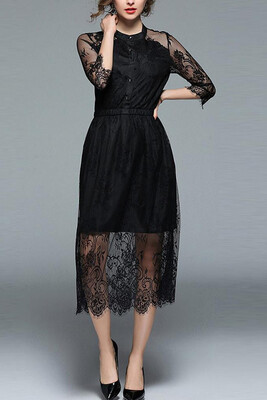 

Lace Splice Half Sleeves Elastic Waist Button Party Midi Dress Homecoming Dress