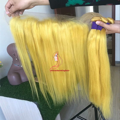 

Brazilian Straight Hair Bundles with Lace Frontal Closure Colored yellow Human Hair Weaves with 13X4 Full Lace Frontal