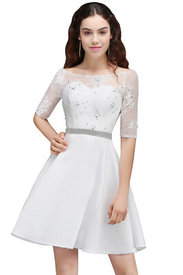 

A Line Jewel White Short Sleeve Satin Homecoming Dresses With Lace