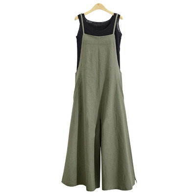 

Womens linen cotton hanging bandwidth loose jumpsuit fashion jumpsuit Hanging belt pocket casual loose pants -5XL