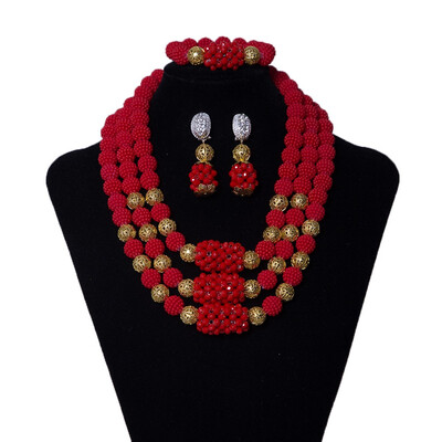 

3 Rows Peach Red Statement Bridal Necklace African Beads Jewelry Set Indian Wedding Costume Jewellery For Women Free Shipping