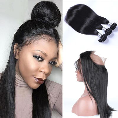 

8A 360 Lace Frontal Closure With 3 Bundles Malaysian Straight Virgin Human Hair Weaves 4Pcs Lot Natural Black Remy Hair Extensions