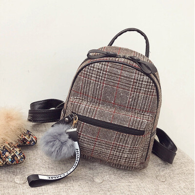 

2018 New Womens Plaid Small Backpack Korean Version of The Shoulder Bag Hair Ball Backpack Wild Popular Tide Package