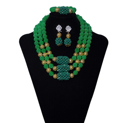 

3 Rows Red Rose Wedding Jewelry Set For Women African Crystal Beads Jewelry Nigerian Bridal Coral Ball Necklace Eearring Bracelet