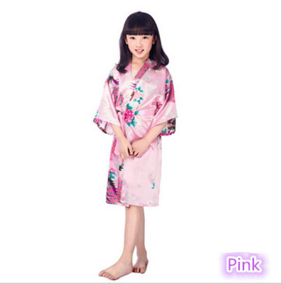 

Child Peacock Cardigan Children dressing gown Summer thin embroidered silk Homewear Japanese style cardigan gown Girls print Peac