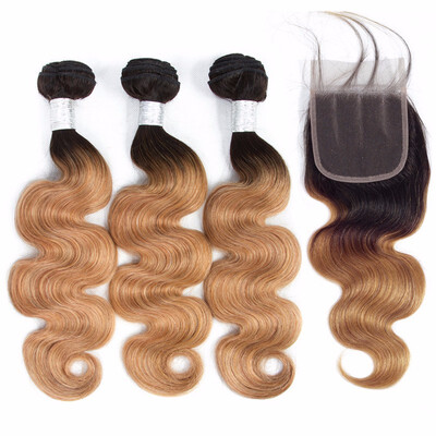 

HCDIVA Virgin Ombre Hair Bundle with Closure Brazilian Body Wave 2 Tone T1b27 Dark Roots Blonde Ombre 3 Bundle with Closure