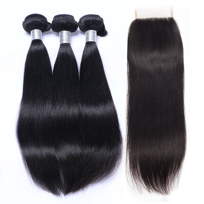 

8A Indian Virgin Hair Straight With Closure 3 Bundles Unprocessed Indian Human Hair Weave And Lace Closure 4 Pcs Lot Natural Black